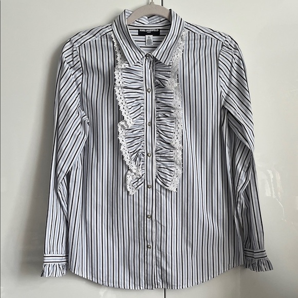 KARL LAGERFIELD Black and White Blue Striped Ruffle Button Down Shirt, Size M - Picture 1 of 10